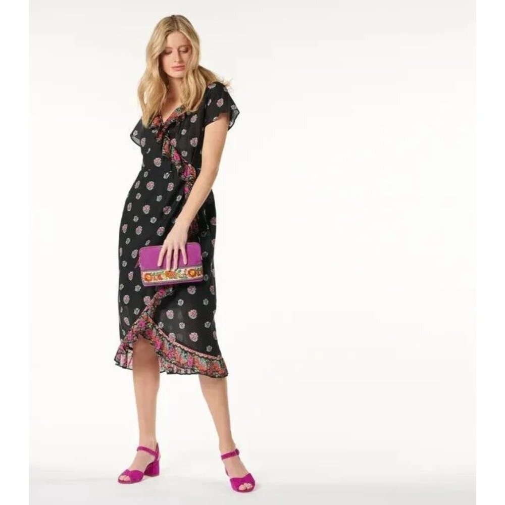 Soleiado Paris NWT Womens Black Paoline Pompadour Wrap S/S Dress EU 44 L US14 - Picture 3 of 16